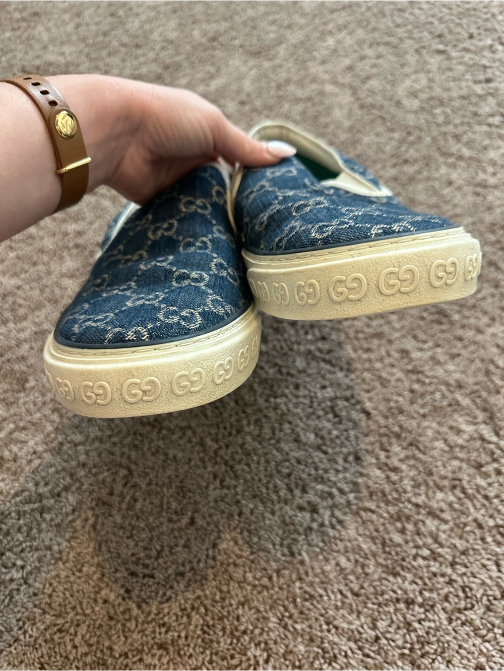 Authentic Gucci Men’s GG Denim Slip-On Sneakers Blue Monogram Canvas Shoes - Picture 7 of 9